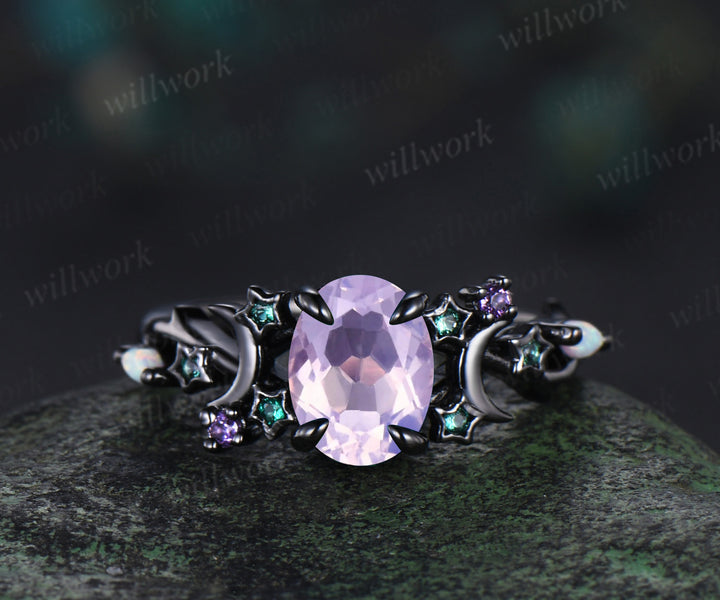 Unique Moon Star Lavender Amethyst Engagement Ring Magic Fire Opal Galaxy amethyst Emerald Amethyst ring black gold