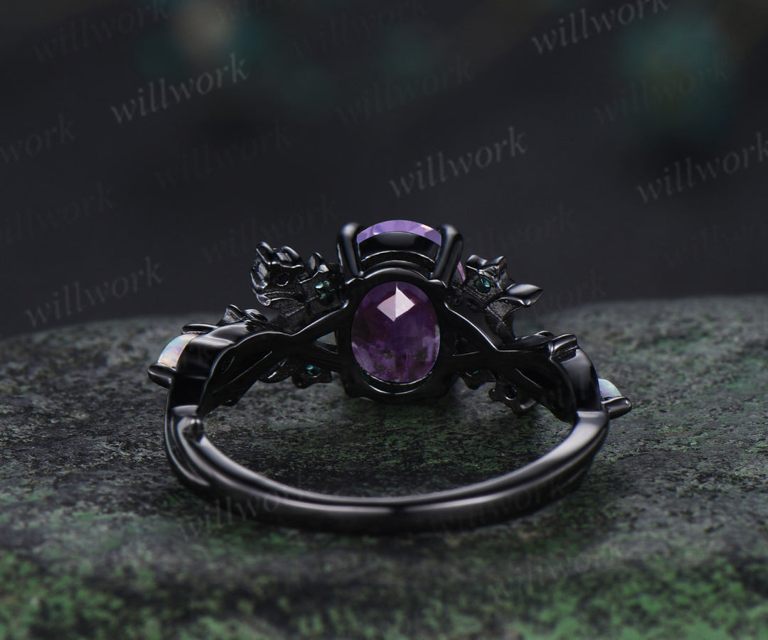 Unique Moon Star Lavender Amethyst Engagement Ring Magic Fire Opal Galaxy amethyst Emerald Amethyst ring black gold