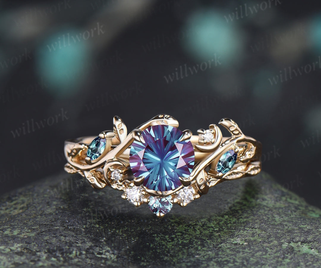 1CT Fireworks Cut Alexanrite Ring Set Leaf Vine Art Dece Moon Promise Ring Diamond Alexandrite Wedding Band Vintage Bridal Set