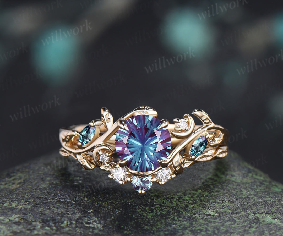 1CT Fireworks Cut Alexanrite Ring Set Leaf Vine Art Dece Moon Promise Ring Diamond Alexandrite Wedding Band Vintage Bridal Set