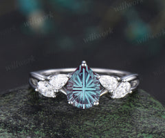 Pear Fantasy Cut Alexandrite Engagement Ring Unique Split Shank Five Stone Promise Ring Moissanite Cluster Ring Gifts for Her