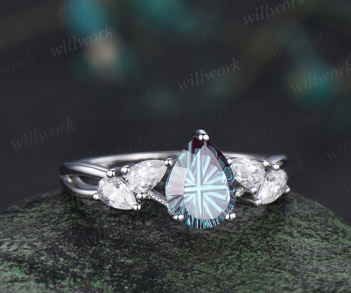 Pear Fantasy Cut Alexandrite Engagement Ring Unique Split Shank Five Stone Promise Ring Moissanite Cluster Ring Gifts for Her