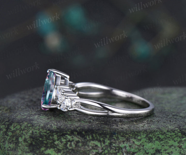 Pear Fantasy Cut Alexandrite Engagement Ring Unique Split Shank Five Stone Promise Ring Moissanite Cluster Ring Gifts for Her