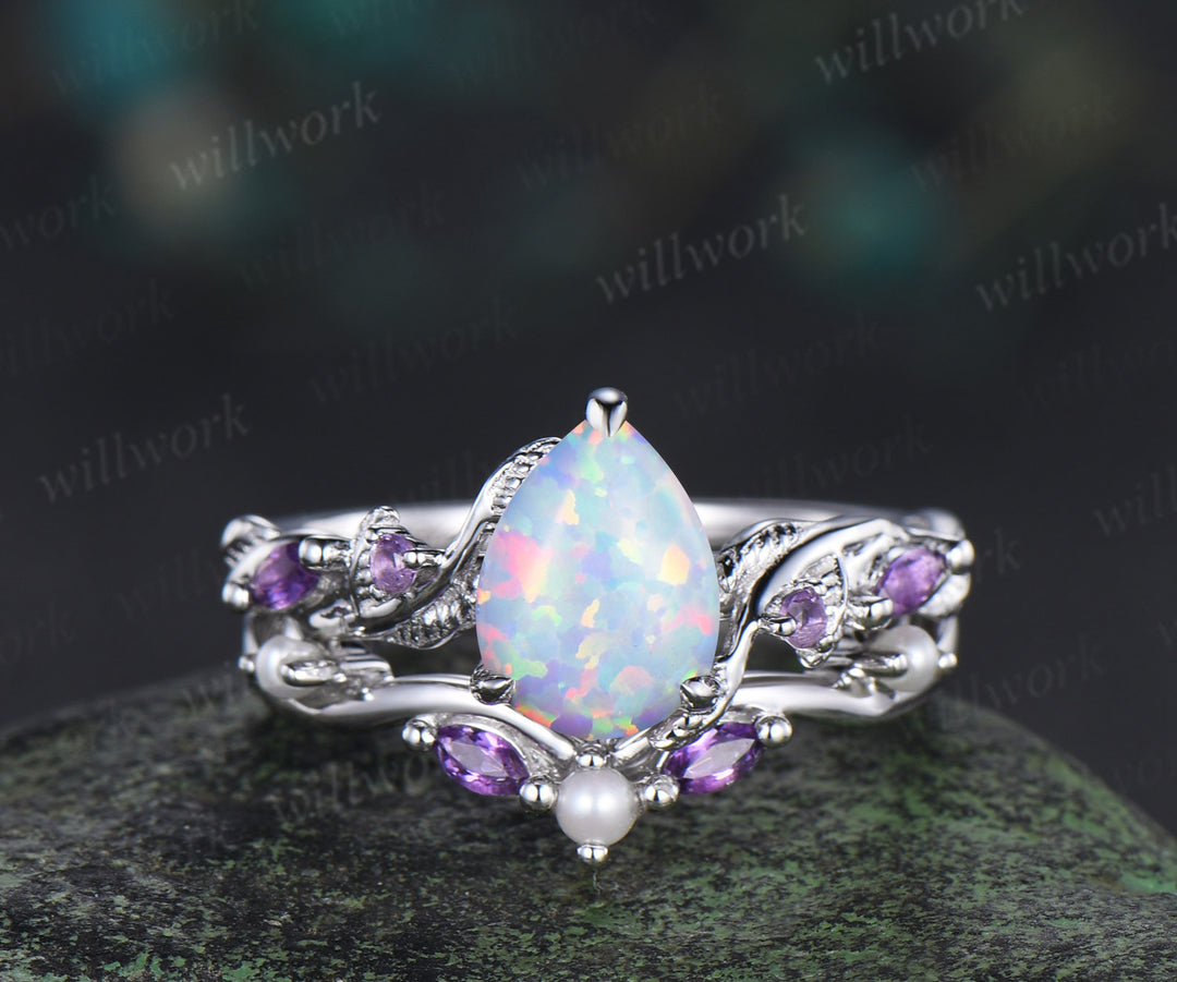 Nature Inspired Pear white opal pearl Bridal Set 14k black gold Unique Twig Vine Teardrop Engagement Ring Ring Set women