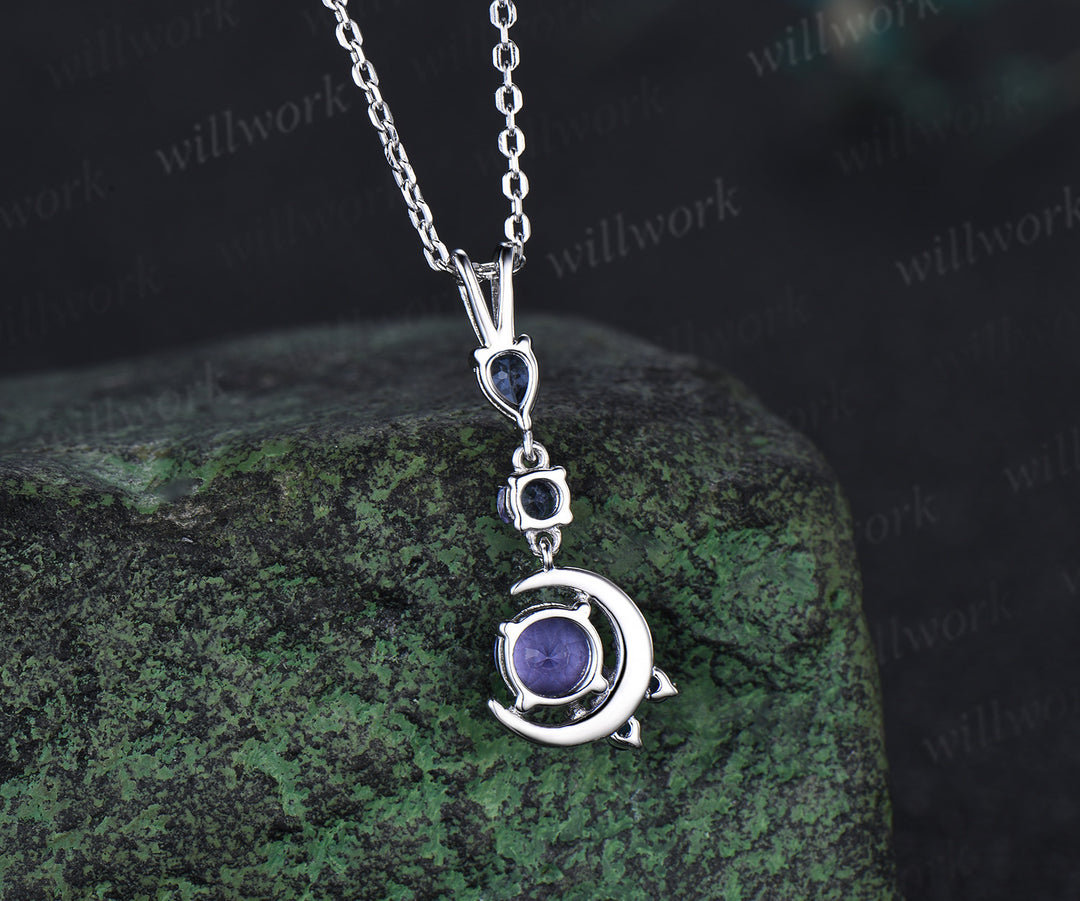 Dainty round cut natural Tanzanite moon pendant Unique Moon white gold Necklace Alternative Cute Branch Necklace Proposal gifts for women