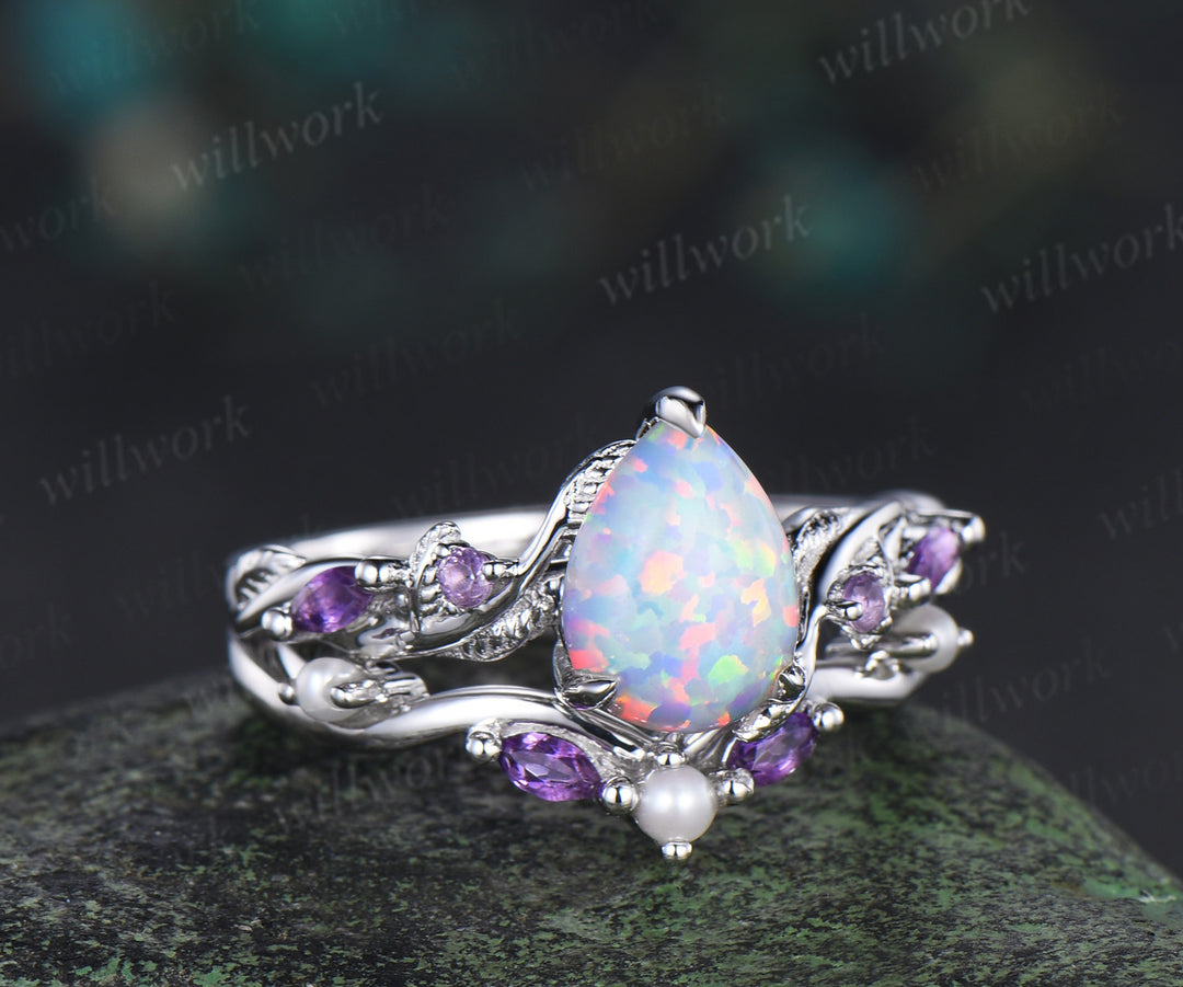 Nature Inspired Pear white opal pearl Bridal Set 14k black gold Unique Twig Vine Teardrop Engagement Ring Ring Set women