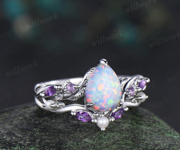 Nature Inspired Pear white opal pearl Bridal Set 14k black gold Unique Twig Vine Teardrop Engagement Ring Ring Set women