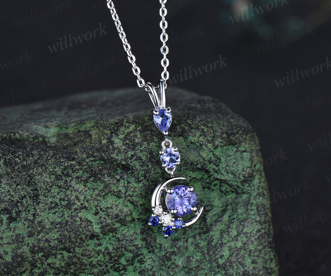 Dainty round cut natural Tanzanite moon pendant Unique Moon white gold Necklace Alternative Cute Branch Necklace Proposal gifts for women