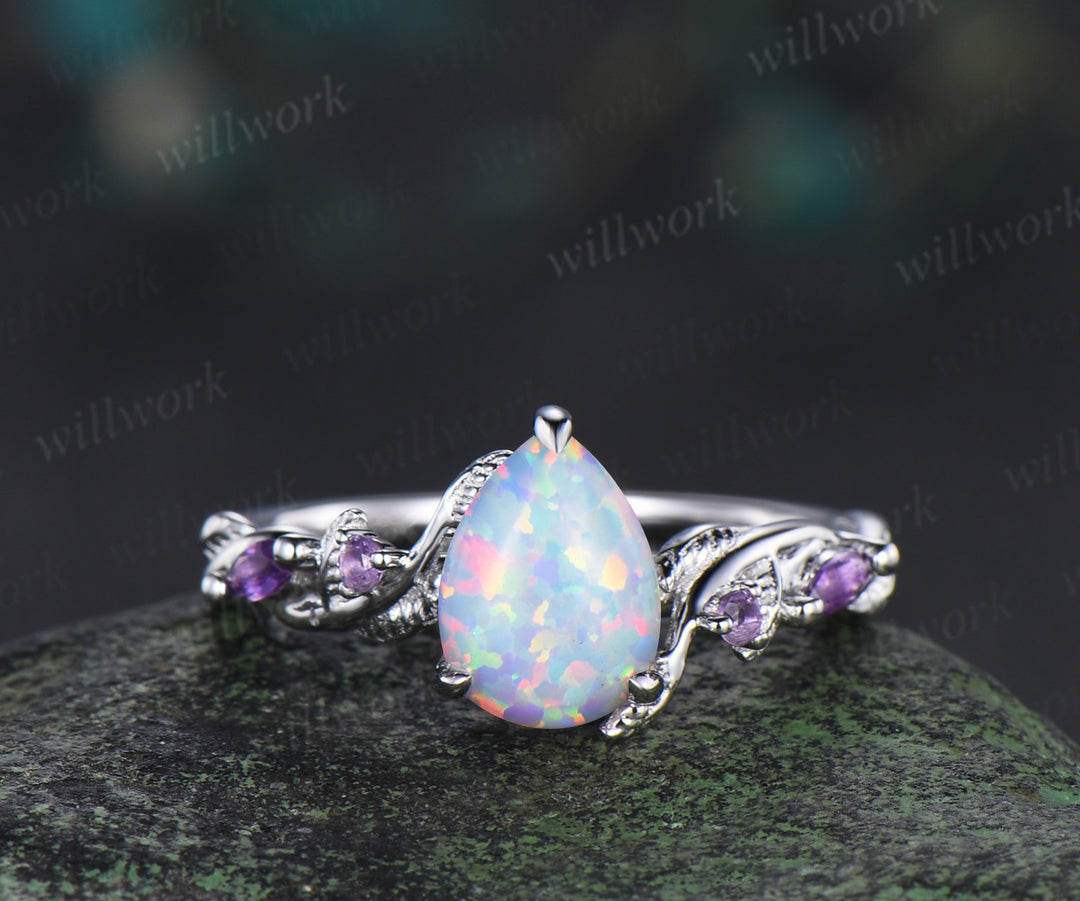 Nature Inspired Pear white opal pearl Bridal Set 14k black gold Unique Twig Vine Teardrop Engagement Ring Ring Set women