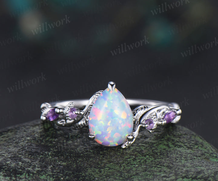 Nature Inspired Pear white opal pearl Bridal Set 14k black gold Unique Twig Vine Teardrop Engagement Ring Ring Set women