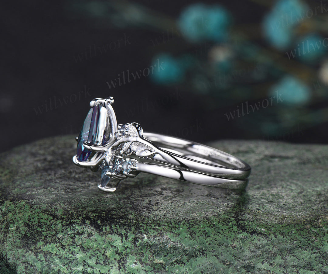 Kite cut alexandrite engagement ring set solid 14k white gold vintage leaf three stone unique wedding ring set women