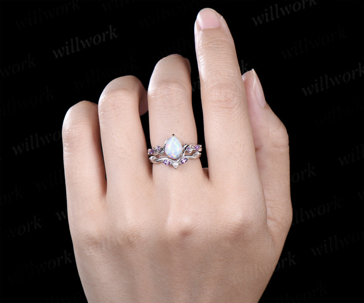 Nature Inspired Pear white opal pearl Bridal Set 14k black gold Unique Twig Vine Teardrop Engagement Ring Ring Set women