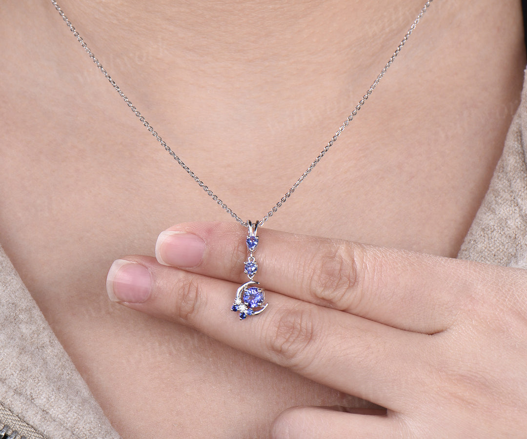 Dainty round cut natural Tanzanite moon pendant Unique Moon white gold Necklace Alternative Cute Branch Necklace Proposal gifts for women