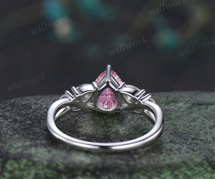 Pear Fantasy Cut Padparadscha Engagement Ring Unique Split Shank Five Stone Pink Sapphire Promise Ring Moissanite Cluster Ring