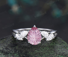 Pear Fantasy Cut Padparadscha Engagement Ring Unique Split Shank Five Stone Pink Sapphire Promise Ring Moissanite Cluster Ring
