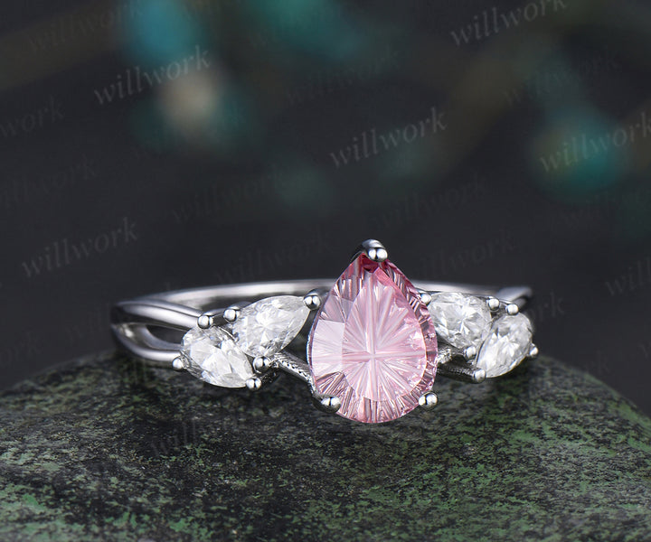 Pear Fantasy Cut Padparadscha Engagement Ring Unique Split Shank Five Stone Pink Sapphire Promise Ring Moissanite Cluster Ring
