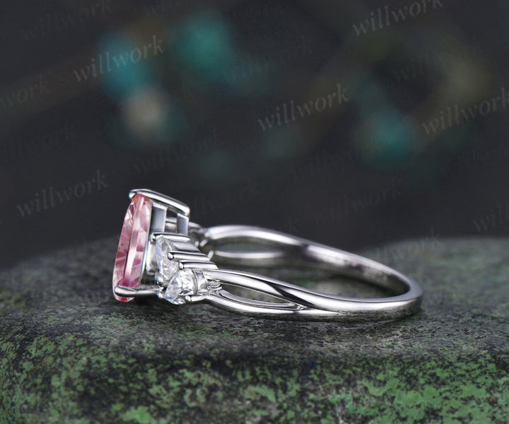 Pear Fantasy Cut Padparadscha Engagement Ring Unique Split Shank Five Stone Pink Sapphire Promise Ring Moissanite Cluster Ring