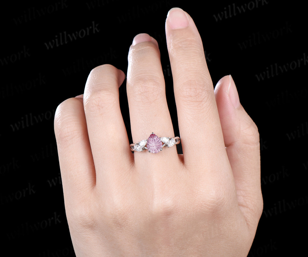 Pear Fantasy Cut Padparadscha Engagement Ring Unique Split Shank Five Stone Pink Sapphire Promise Ring Moissanite Cluster Ring