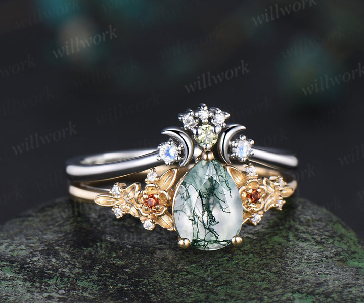 Pear cut moss agate engagement ring set 14k yellow gold leaf floral garnet peridot moon bridal set women