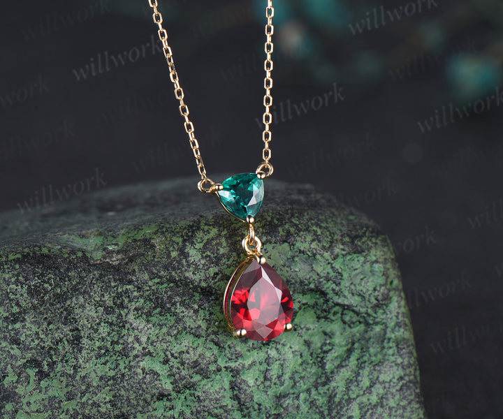 Dainty Pear Cut Ruby Necklace 14k yellow gold Trillion cut Emerald Two Stone Necklace gift for wife