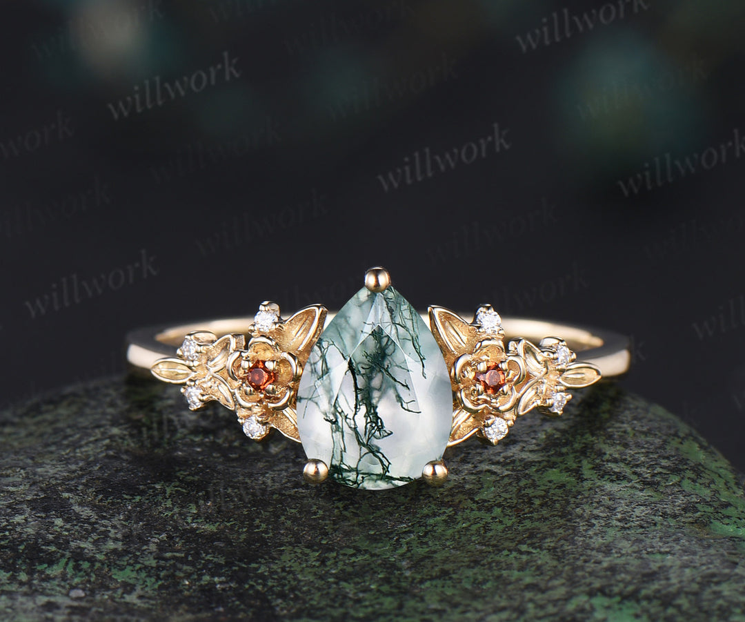 Pear cut moss agate engagement ring set 14k yellow gold leaf floral garnet peridot moon bridal set women