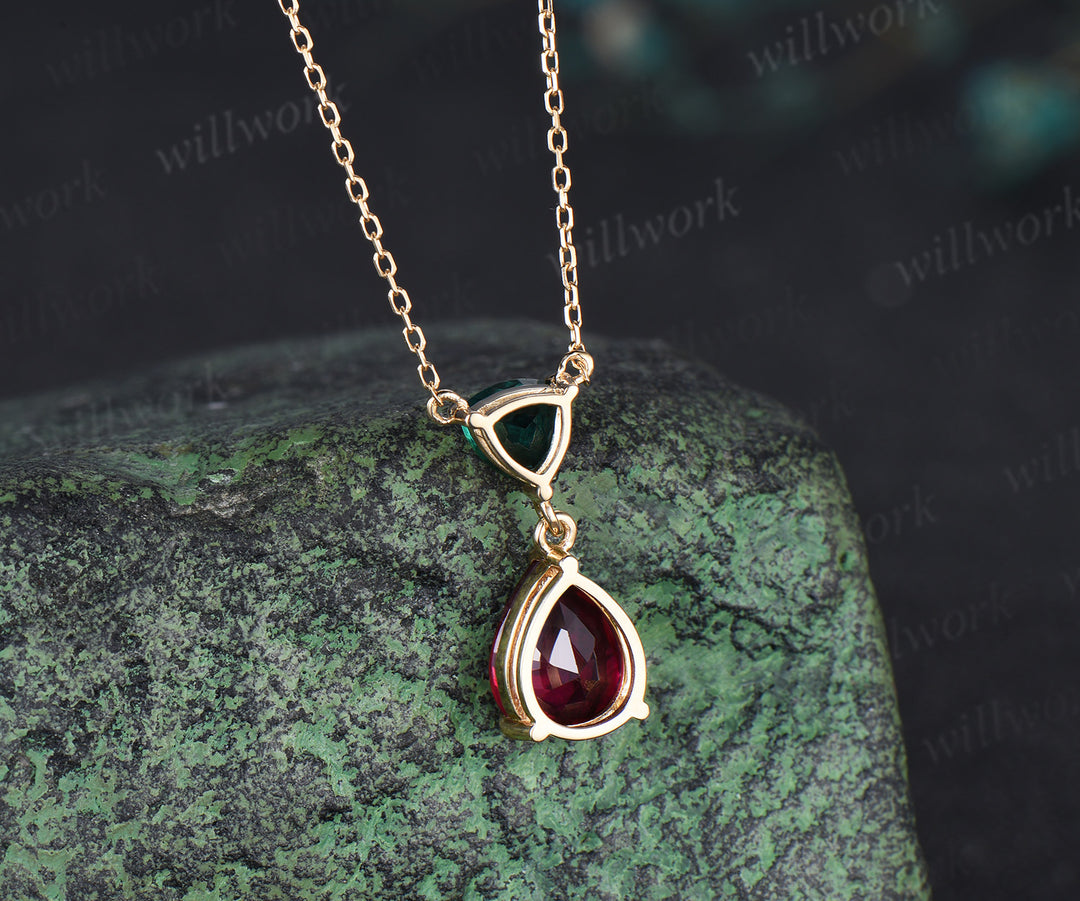 Dainty Pear Cut Ruby Necklace 14k yellow gold Trillion cut Emerald Two Stone Necklace gift for wife