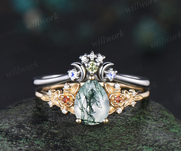 Pear cut moss agate engagement ring set 14k yellow gold leaf floral moon bridal set women