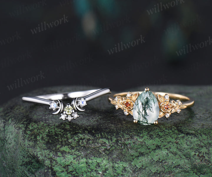 Pear cut moss agate engagement ring set 14k yellow gold leaf floral garnet peridot moon bridal set women