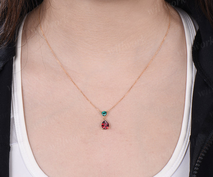 Dainty Pear Cut Ruby Necklace 14k yellow gold Trillion cut Emerald Two Stone Necklace gift for wife