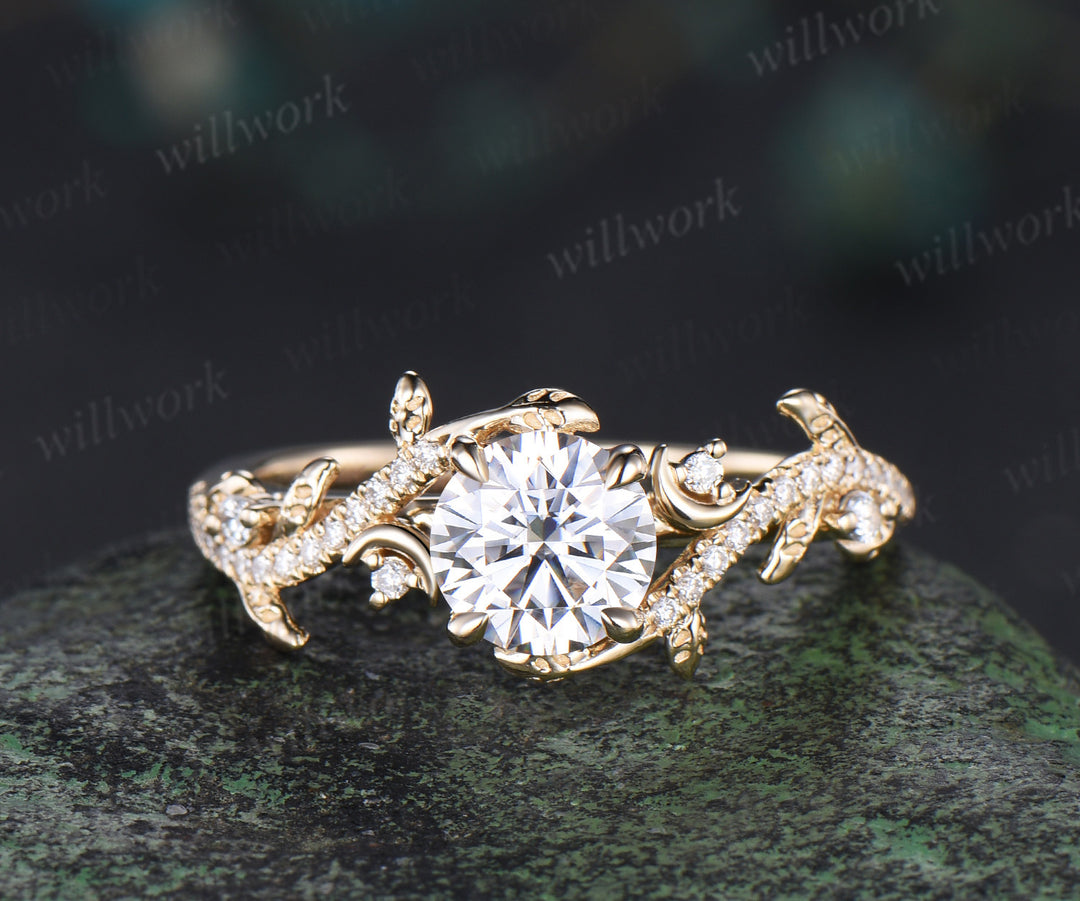 1ct Round Cut Lab Grown Diamond Engagement Ring set 14k yellow gold moon Leaf Nature Inspired wedding Promise Ring Set women