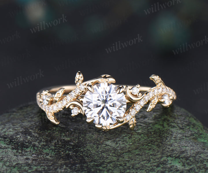 1ct Round Cut Lab Grown Diamond Engagement Ring set 14k yellow gold moon Leaf Nature Inspired wedding Promise Ring Set women