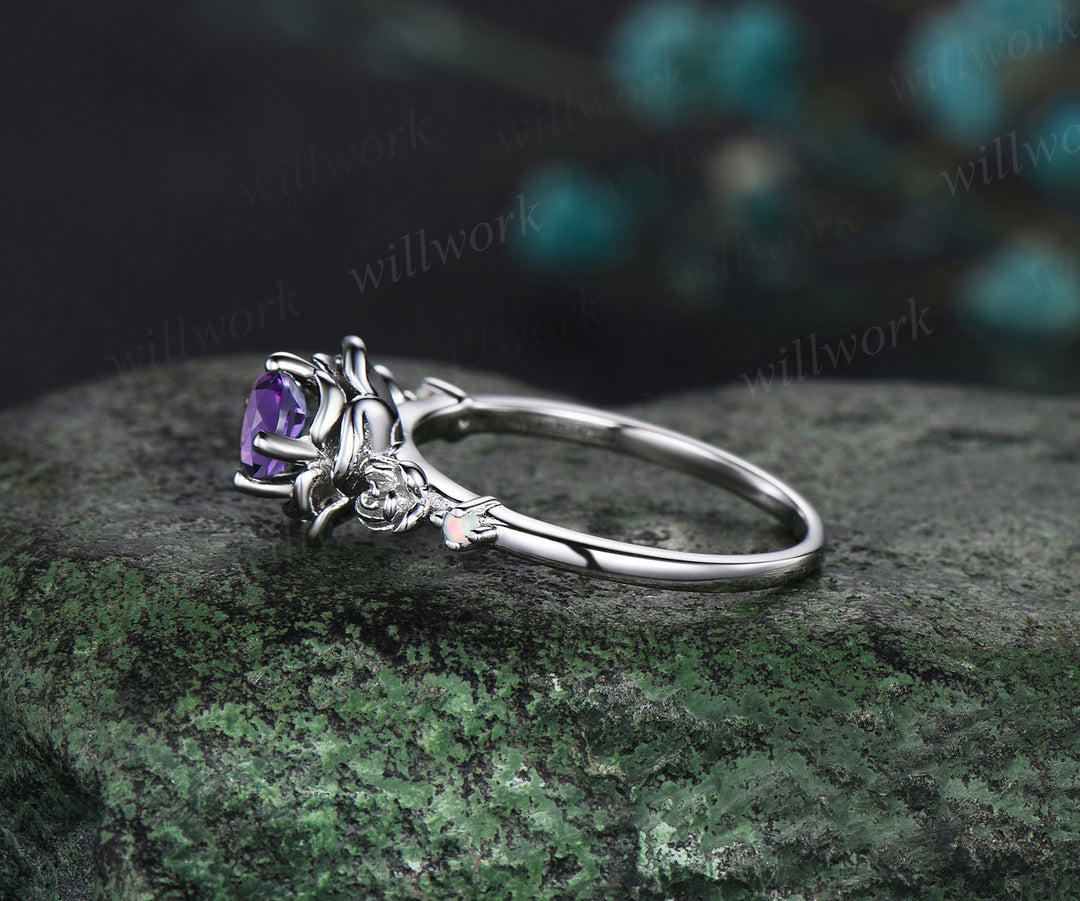Round cut purple amethyst engagement ring white gold flower floral three stone opal ring vintage wedding ring women jewelry