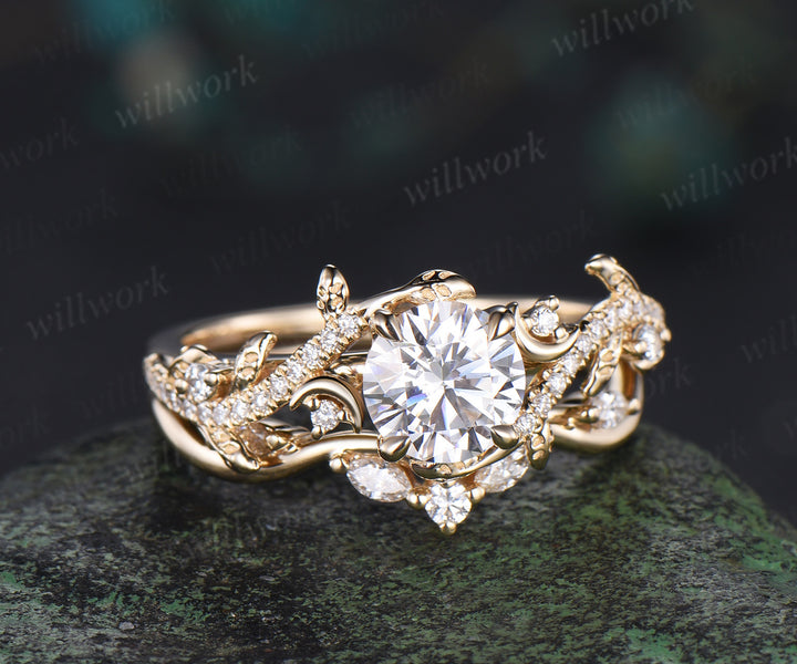 1ct Round Cut Lab Grown Diamond Engagement Ring set 14k yellow gold moon Leaf Nature Inspired wedding Promise Ring Set women