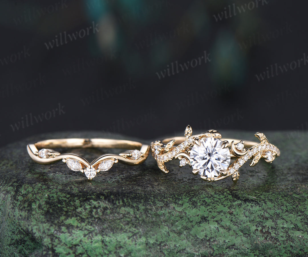 1ct Round Cut Lab Grown Diamond Engagement Ring set 14k yellow gold moon Leaf Nature Inspired wedding Promise Ring Set women