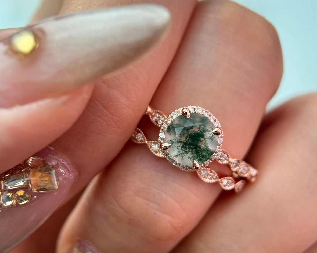 Vintage moss agate engagement ring set art deco diamond ring set rose gold ring set eternity ring marquise ring for women bridal wedding set