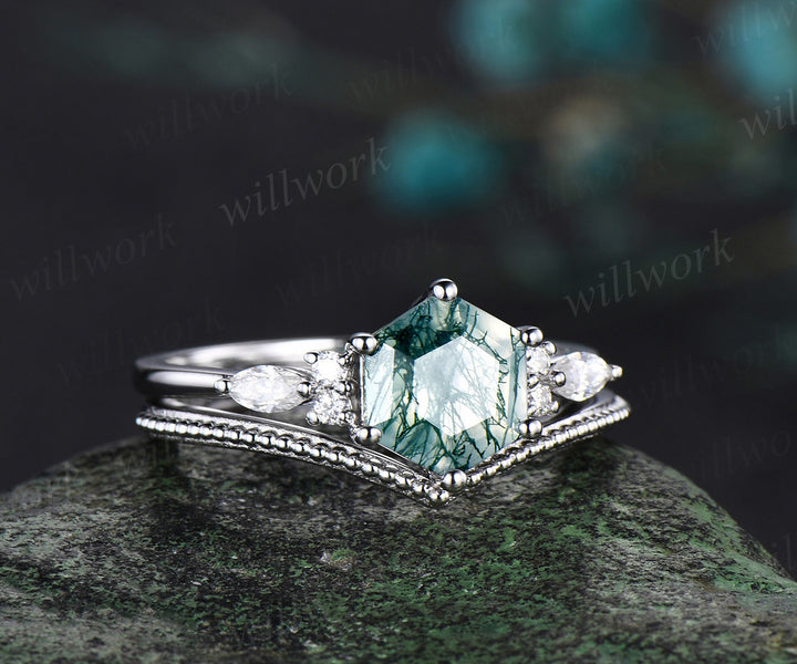 Hexagon cut natural moss agate engagement ring set 6 prong white gold moissanite stacking bridal set women