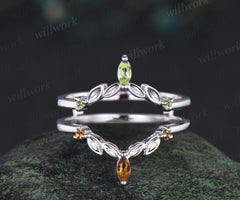 Marquise peridot citrine leaf wedding band double layerd band enhancer wrap white gold curved matching stackable ring