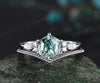 Hexagon cut natural moss agate engagement ring set 6 prong white gold moissanite stacking bridal set women