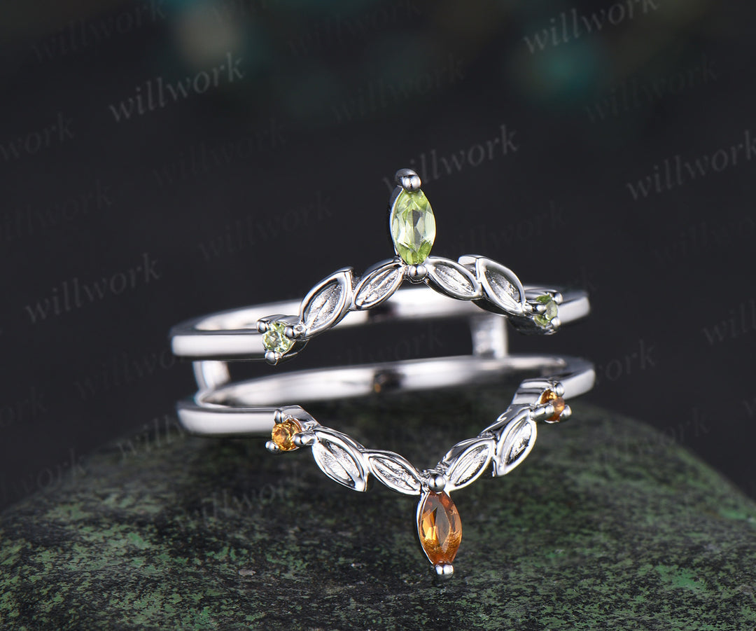 Marquise peridot citrine leaf wedding band double layerd band enhancer wrap white gold curved matching stackable ring