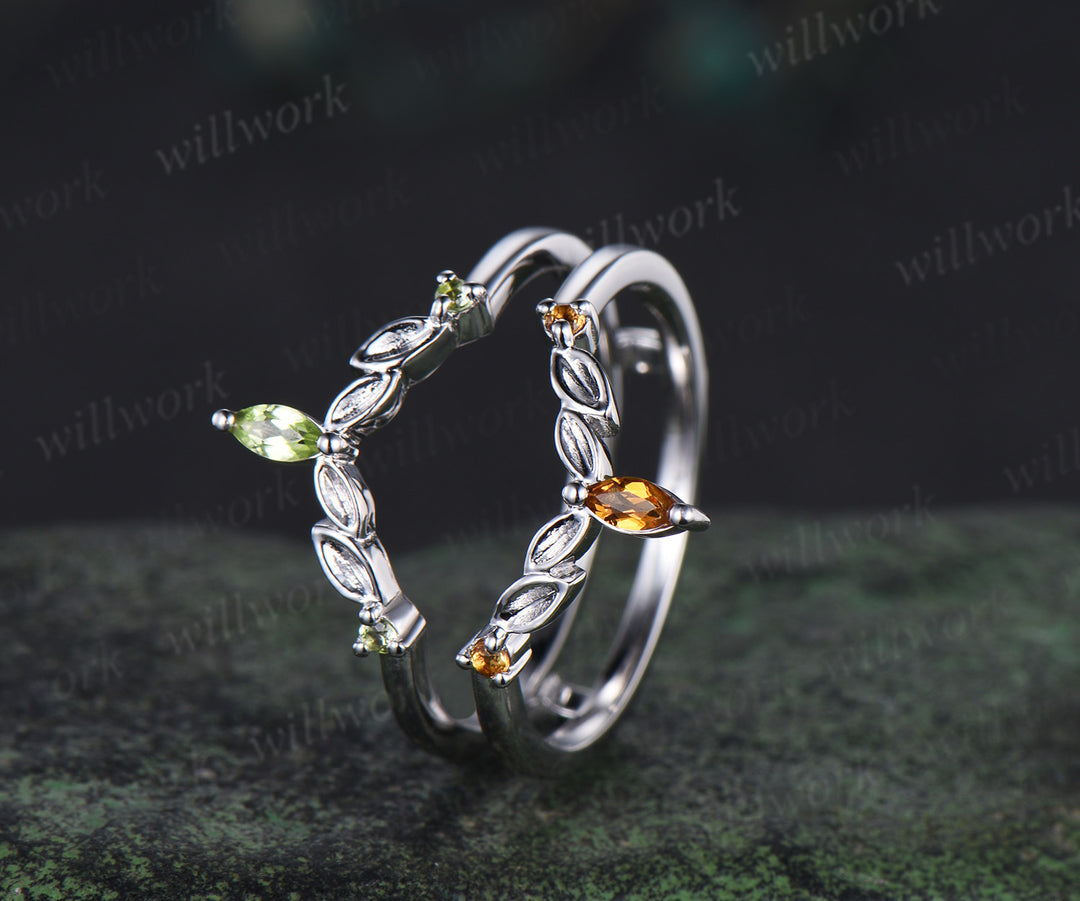 Marquise peridot citrine leaf wedding band double layerd band enhancer wrap white gold curved matching stackable ring
