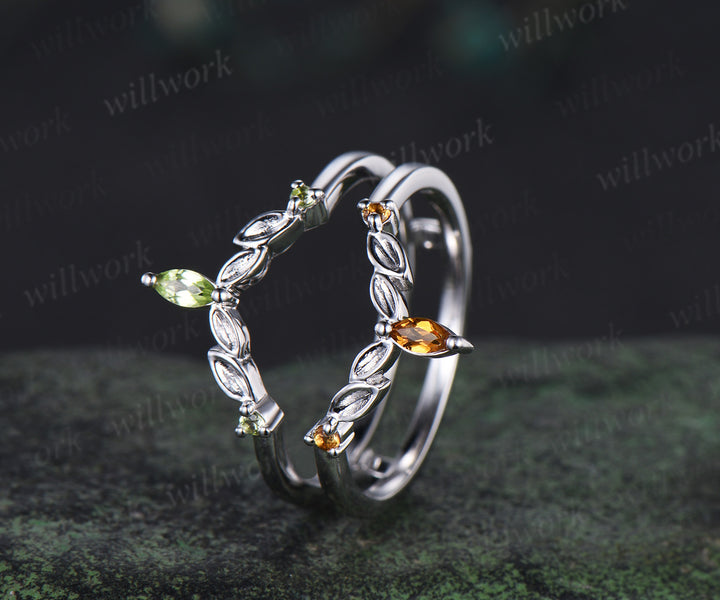 Marquise peridot citrine leaf wedding band double layerd band enhancer wrap white gold curved matching stackable ring
