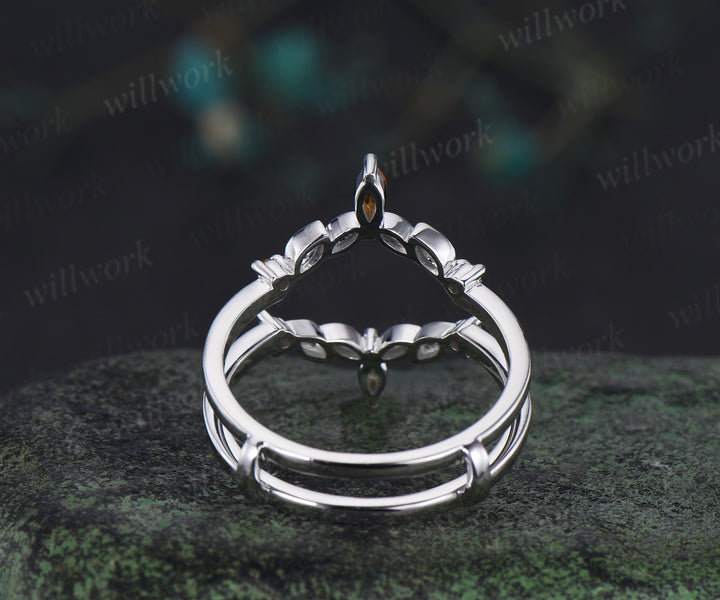 Marquise peridot citrine leaf wedding band double layerd band enhancer wrap white gold curved matching stackable ring