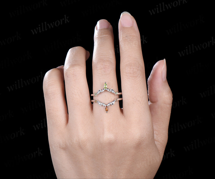 Marquise peridot citrine leaf wedding band double layerd band enhancer wrap white gold curved matching stackable ring