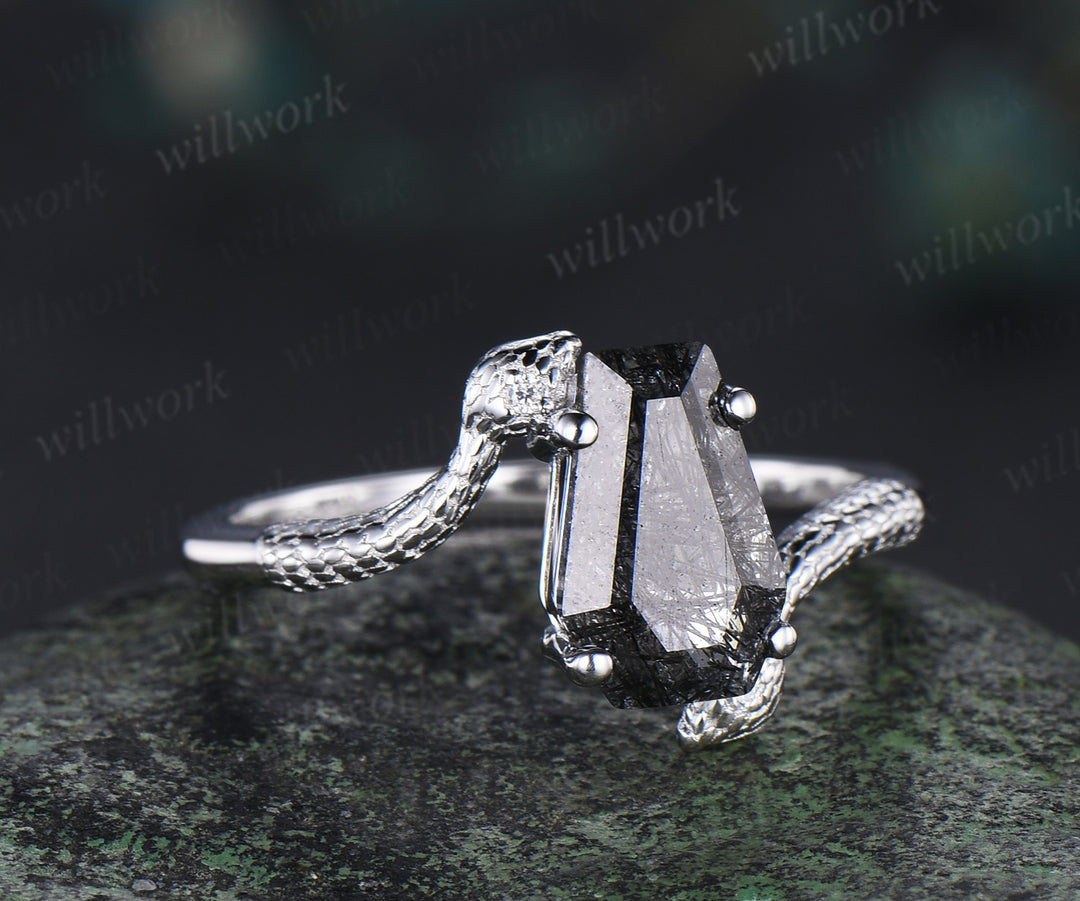 Unique double Snake engagement ring coffin black rutilated quartz ring white gold diamond jewery