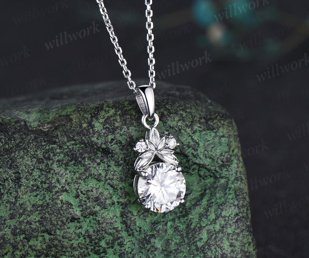 Unique Leaf Nature Inspired Necklace Delicate 2ct Round Cut Moissanite Necklace white gold Three Stone Floral Pendant Bridal Gift