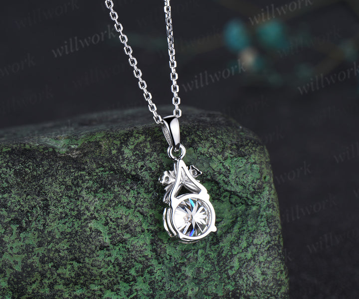 Unique Leaf Nature Inspired Necklace Delicate 2ct Round Cut Moissanite Necklace white gold Three Stone Floral Pendant Bridal Gift