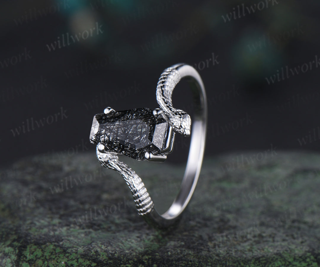 Unique double Snake engagement ring coffin black rutilated quartz ring white gold diamond jewery