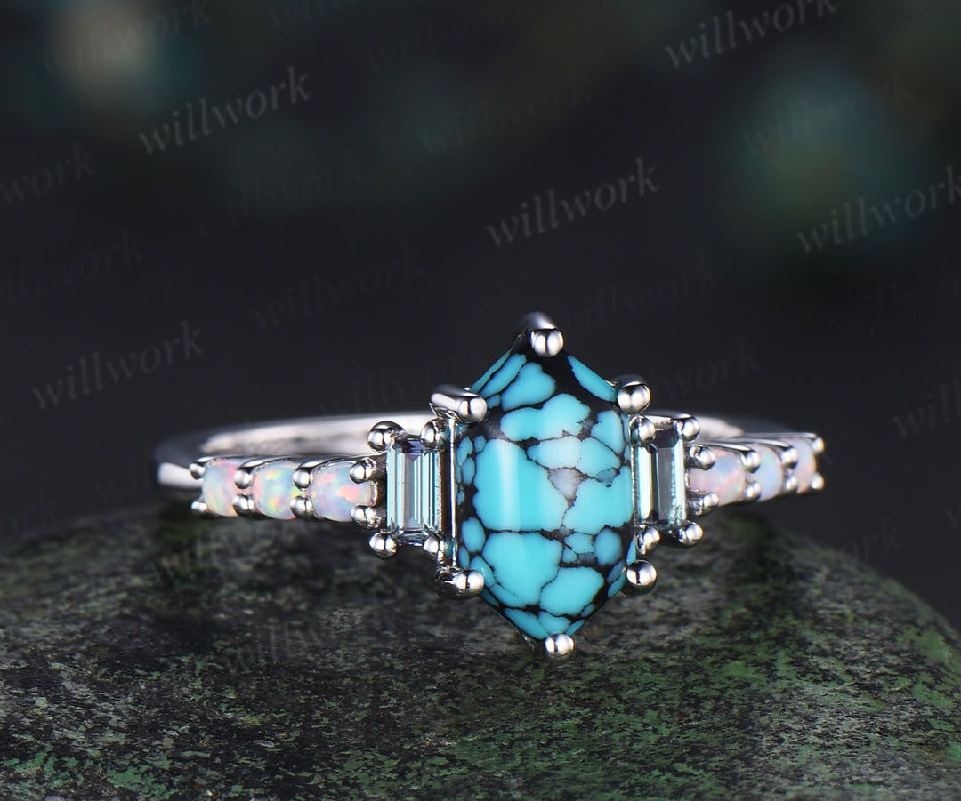 Unique Long hexagon cut turquoise engagement ring cluster baguette alexandrite opal wedding ring art deco proposal gifts