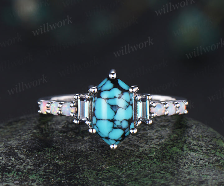 Unique Long hexagon cut turquoise engagement ring cluster baguette alexandrite opal wedding ring art deco proposal gifts