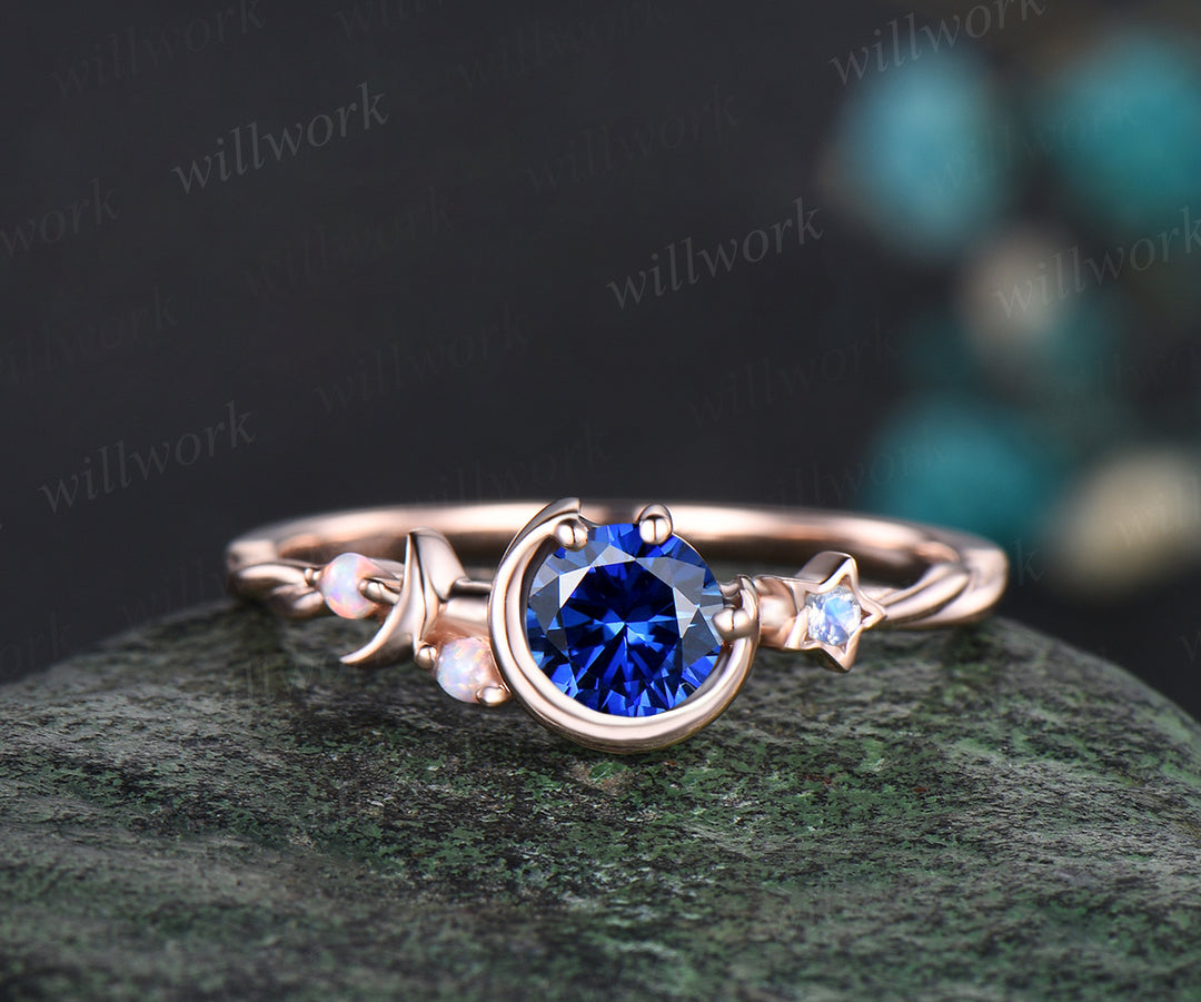 Round Cut September Birthstone Blue Sapphire Engagement Ring Unique Moon Star Twisted Ring Art Deco Opal Moonstone Anniversary Gift Women Jewelry